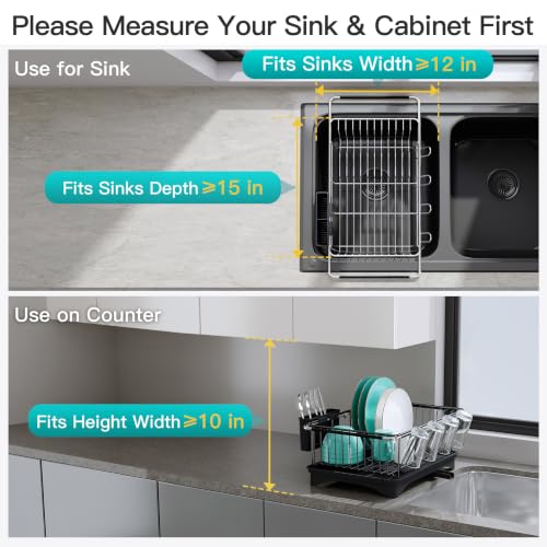 Black Dish Drying Rack in Sink with Drainboard and Utensil Holder (Black / For 12"-30"w Sink, with Drainboard)
