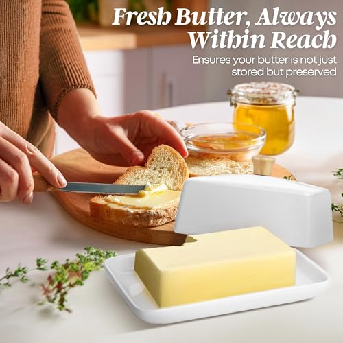Ceramic White European Butter Dish with Lid for Countertop (White / Large)