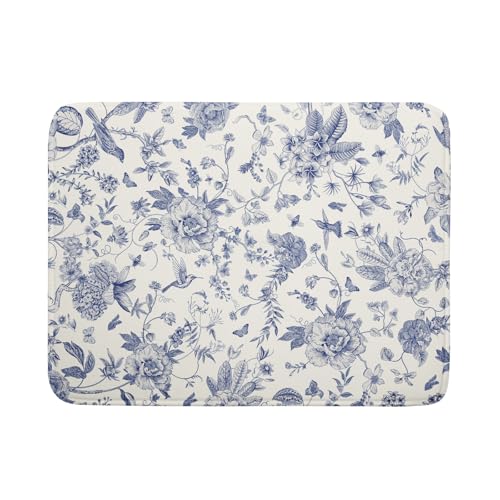 Chinoiserie Flower Dish Drying Mat Blue Leaves Dishes Drying Pad Reusable Washable Kitchen Countertop Protector Dish Drainer Mat 18x24 Inch (Chinoiserie Flower / 24" x 18")