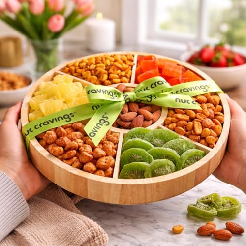 Dried Fruit & Mixed Nuts Gift Basket (6. Dried Fruits & Nuts Round Wooden Tray)