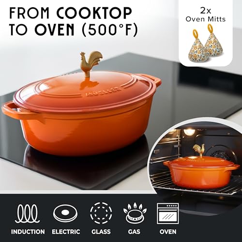 MUELLER HOME 5.5 Quart Enameled Cast Iron Oval Dutch Oven w Rooster Knob & Cotton Potholders (5.5 Quart -Oval / Orange)
