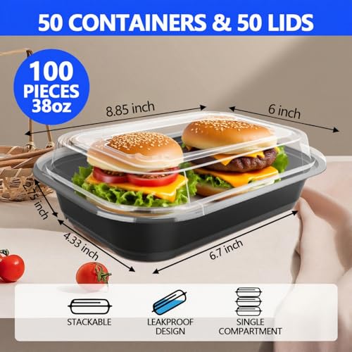 50 Pack (100-Piece) - 38oz Meal Prep Containers Salad & Snack Storage for Lunch | BPA Free & Leakproof Food Containers | To Go Take Out Plastic Bento Box | Microwave, Freezer, Dishwasher Safe (38 oz)