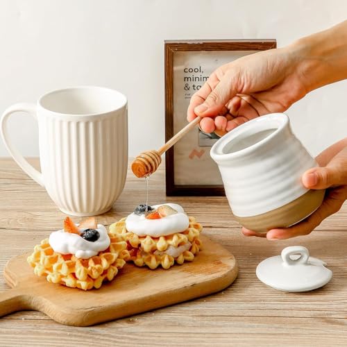 Ceramic 12 Ounce Honey Jar and Dipper Set (White)