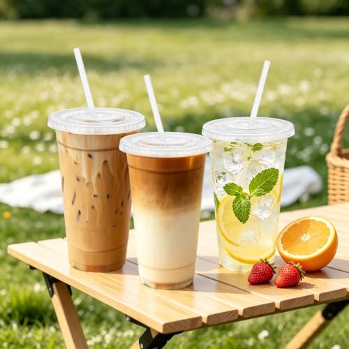 100 Pack 24 oz Clear Plastic Cups with Lids and Straws Disposable (Clear / 24 oz)