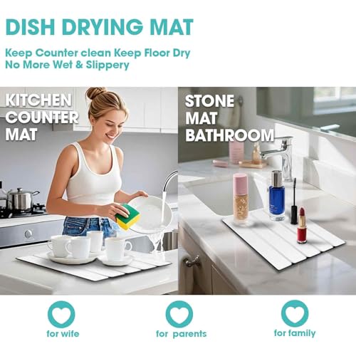 Dish Drying Mat Stone Bath Mat Diatomaceous Earth Stone Drying Mat For Kitchen Counter Sink Bath Mat Quick Dry Non Slip Foldable Dish Drying Rack Mat Small (16" x 12")