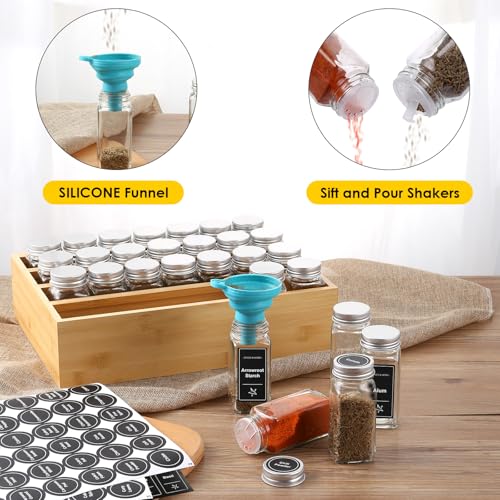 Bamboo Spice Rack Organizer With 28 Glass Spice Jars 4 oz (Bamboo Natural Color)
