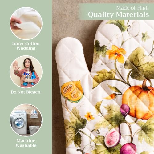Maison d'Hermine Oven Gloves 100% Cotton Oven Mitt (069 - Pumpkin Garden - Cloudy Cream / 7.5" x 13" (Oven Mitt))