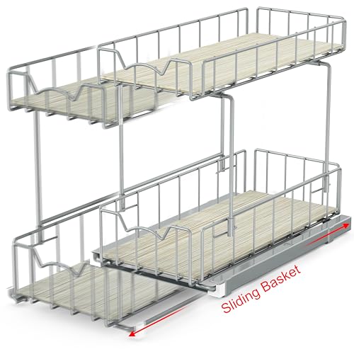 2 Tier Spice Rack Slide Out Wire Basket Drawer (Silver)