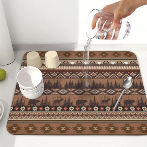 Rustic Bear Deer Dish Drying Mat Boho Ethnic Drainer Rack Pad 16x18 Inch Microfiber Absorbent Dish Sink Mat for Counter Kitchen Tableware (Rustic Bear Deer / 16x18 inch)