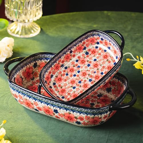 Baking Dish Ceramic Baking Pan Blue Casserole Dish Porcelain rectangular Baking Set 2pcs Bakeware Sets single serving size Lasagna Pan Baking Dishes for oven (Plum flower)