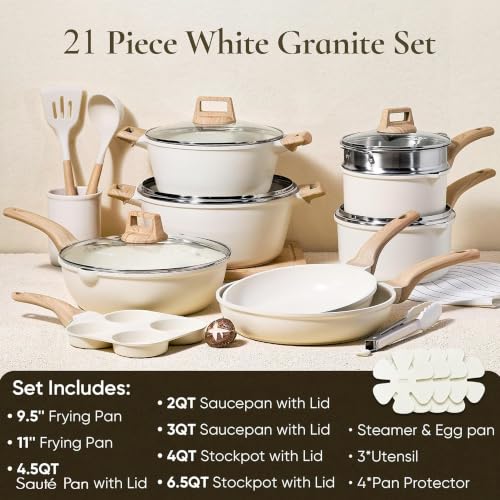 21pcs Pots and Pans Set (Cream White / 21 Piece)
