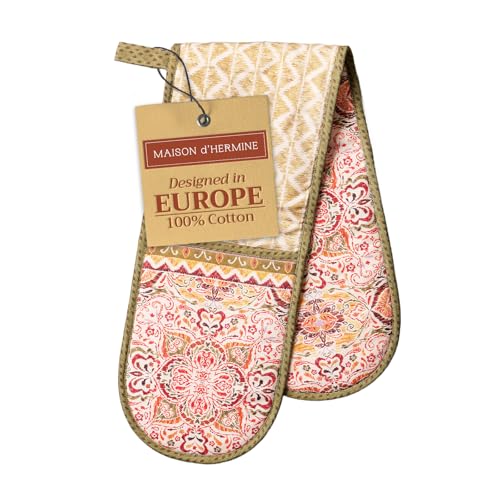 Double Oven Mitts 100% Cotton Double Oven Glove (036 - Damask / 7" x 35" (Double Oven Mitt))
