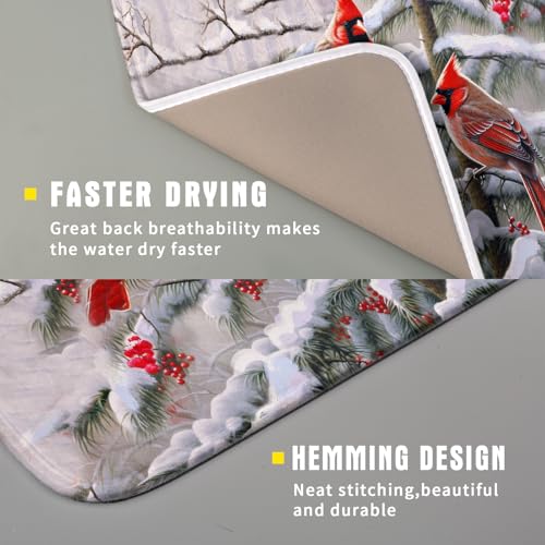 Red Birds Dish Drying Mat Winter Berry Dish Drainer Mats Absorbent Reversible Microfiber Kitchen Countertop Protector Dishes Pad 16x18 inch (Winter Red Bird / 16" x 18")