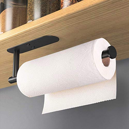 Adhesive Paper Towel Holder Under Cabinet Wall Mount for Kitchen Paper Towel (Black / 1 Pack)