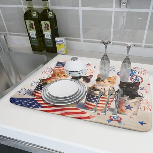 Vintage Patriotic Dish Drying Mat Cute Cats American Flag Drying Matt Kitchen Counter for Home Decor (Patriotic Cat White / 24" x 18")