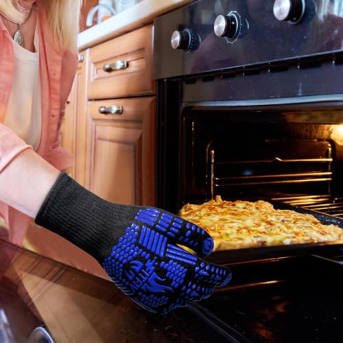 BBQ Gloves 1472°F Heat Resistant with Silicone Grip Oven Mitts (Blue / Long (Glove L 13.78" × Palm W 6.33"))