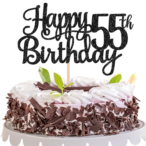 1 PCS Happy 55th Birthday Cake Topper Glitter Cheers to 55 Years Birthday Cake Pick 55 Fabulous Cake Decoration for Happy 55th Birthday Theme Party Decorations Supplies Black (Black / 55th)