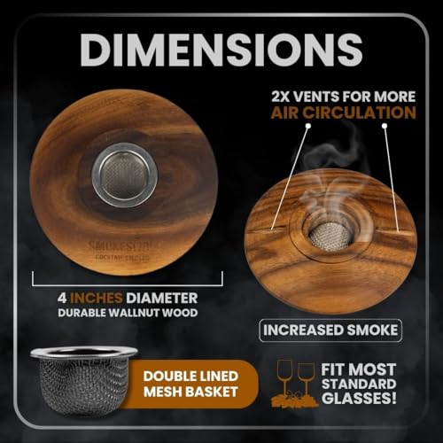Premium Walnut Wood Cocktail Smoker with One 4 oz Tin of Wood Chips. Great for Whiskey & Old Fashion. Coated in Safe Food Natural Beeswax (Mesquite)