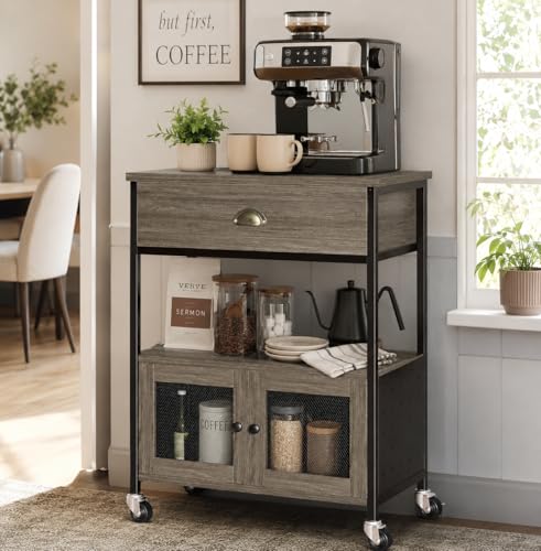 Coffee Bar Cart Cabinet (Wash Grey)