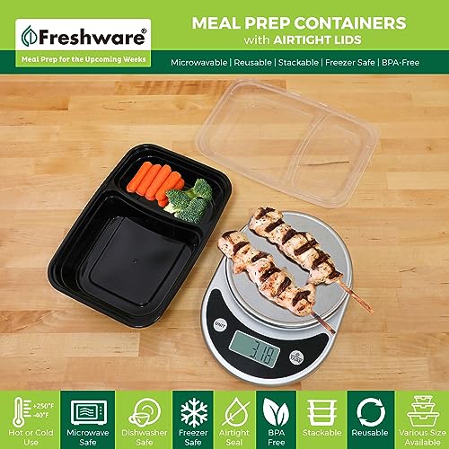 Meal Prep Containers [15 Pack] 2 Compartment with Lids (Black / 2-COMP-28OZ-15PK)