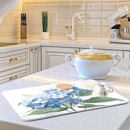 Blue Hydrangeas Flower Dish Drying Mat for Kitchen Counter Absorbent Microfiber Drying Pad (18" x 18")