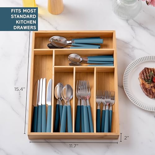 Bamboo Kitchen Utensil Set with Drawer Organizer (Blue / 25 Piece Cutlery Set)