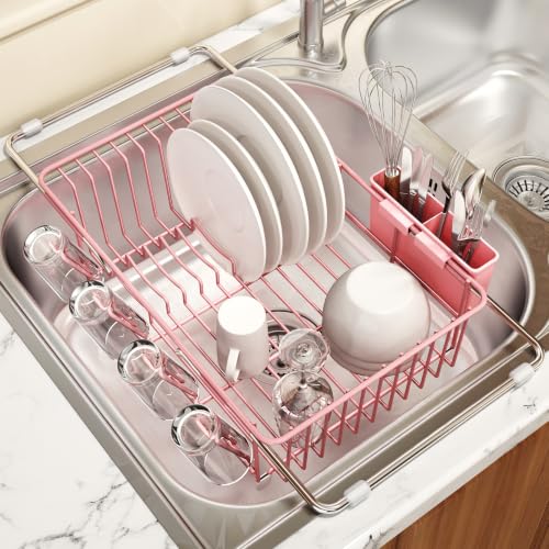 Pink Expandable Dish Drying Rack Over Sink with Anti (Pink / For 11.5"-16" W Sink with Cup Holder)