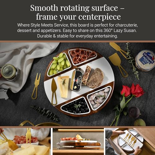 Acacia Wood Lazy Susan Cheese Board Set (Round 13" Marble with Engraving)