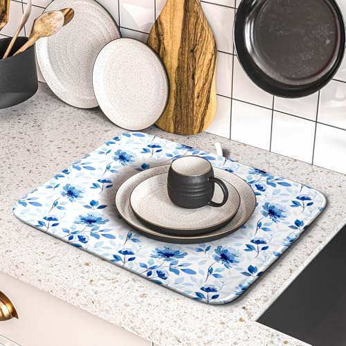 Blue Floral Dish Drying Mat 16x18 inch Flower Leaves Dish Rack Pad Microfiber Washable Dishes Drainer Pad Kitchen Countertop Accessories (Blue Floral / 16 x 18 inch)