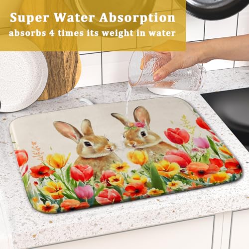 Easter Bunny Dish Drying Mat 16x18 inch Spring Floral Drying Pad Holiday Absorbent Microfiber Dishes Drainer Protector for Kitchen Counter (Bunny Floral / 16" x 18")