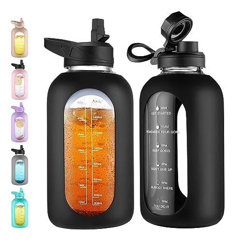 64 oz Glass Water Bottle with Straw (Black / 64 Ounces)