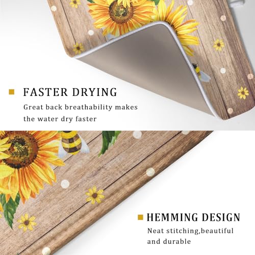 Sunflower Bee Dish Drying Mat for Kitchen Counter Home 18x24 Inch Wood Barn Microfiber Drainer Rack Mats Washable Absorbent Dish Dry Pad (Sunflower Bee Wood / 24" x 18")