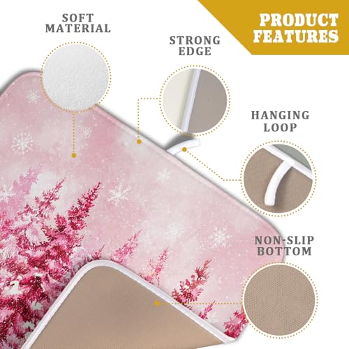 Pink Winter Dish Drying Mat Forest Washable Drying Matt Kitchen Counter Absorbent Coffee Mat for Women (Winter Forest Pink / 18" x 16")