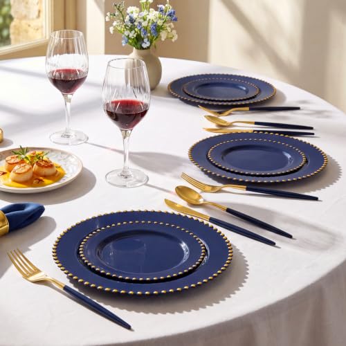 100PCS Navy Blue Plastic Plates with Gold Trim for Party Banquets (Navy Blue and Gold Plastic Plates / 100PCS)
