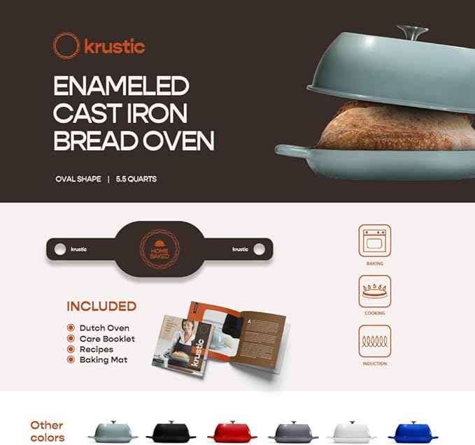 Enameled Cast Iron Dutch Oven for Professional Sourdough Bread Baking | 5.5 Quart Loaf Size Oval Cookware Pot with Lid | Triple-Layer Enamel Coating Pan with Non Stick Silicone Mat | Sea Salt