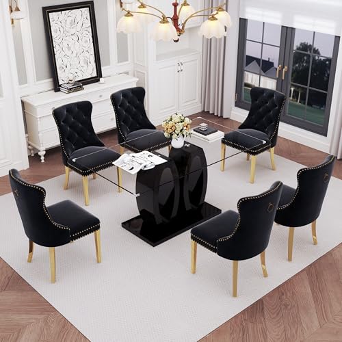 63" Glass Dining Table Set for 6 (Black Table & Gold Black Chair / 7-Piece Set-Double O-Shaped Table)
