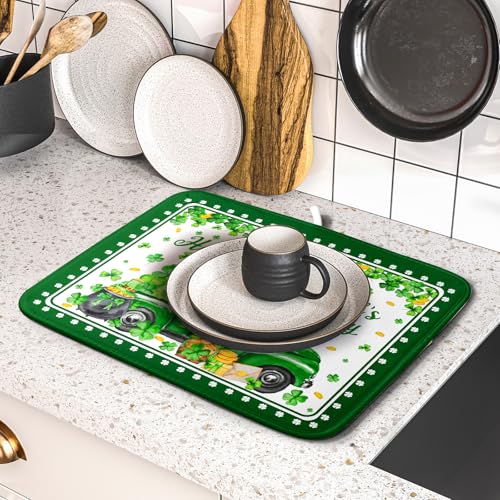 Shamrock Gnome Truck Dish Drying Mat Lucky Clover Dish Drainer Mat 16x18 inch Absorbent Fast Dry Pad for Kitchen Counter Coffee Bar Decor (Shamrock Gnome Truck / 16" x 18")