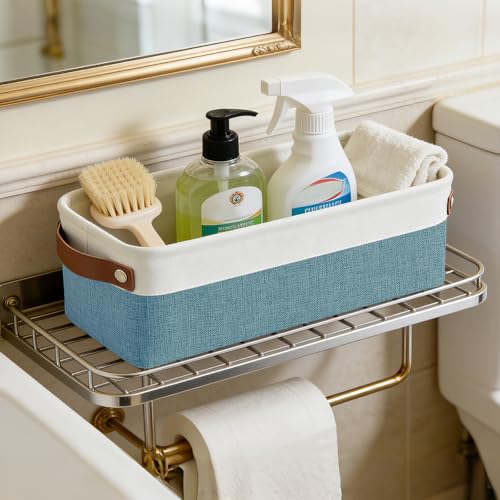 Small Fabric Storage Baskets (Teal / Off-White / Narrow-15"x6"x5")