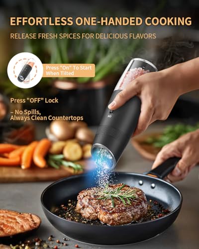 Gravity Electric Salt and Pepper Grinder Set Automatic Shakers Upgraded Pepper Mill with Rechargeable Base (Black Charging Base)