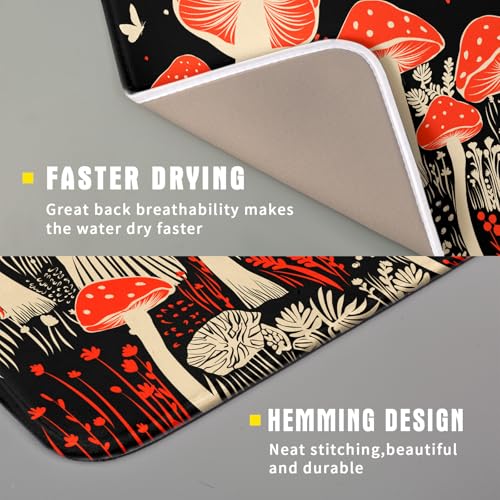 Red Mushroon Dish Drying Mat for Kitchen Counter Black Microfiber Absorbent Dish Pad Small (Red Mushroon 729 / 18" x 16")