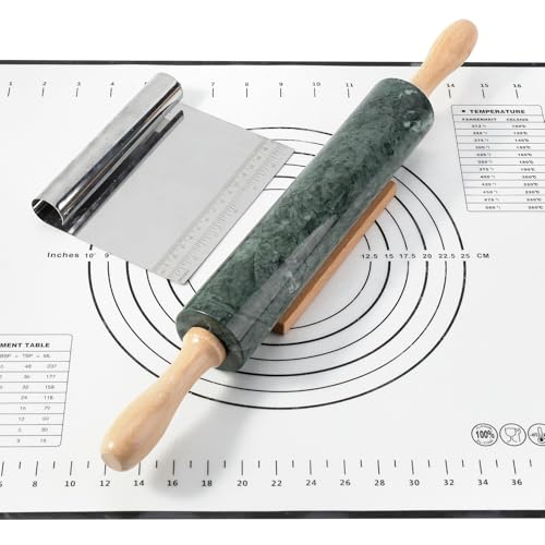 Indian Natural Marble Rolling Pin (Indian Green Marble with Pastry Mat)
