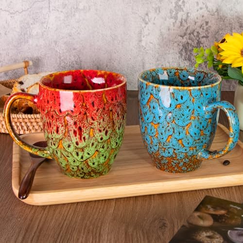 16 oz Ceramic Coffee Mugs Set of 2 (Blue, Red & Green)