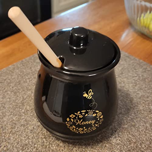 Ceramic Honey Jar With Wooden Honey Dipper (Honey Jar-Black)