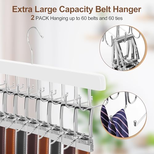 20 Hooks 2 in 1 Belt Tie Hanger for Closet Max 30 Belts with 30 Ties Capacity (White)
