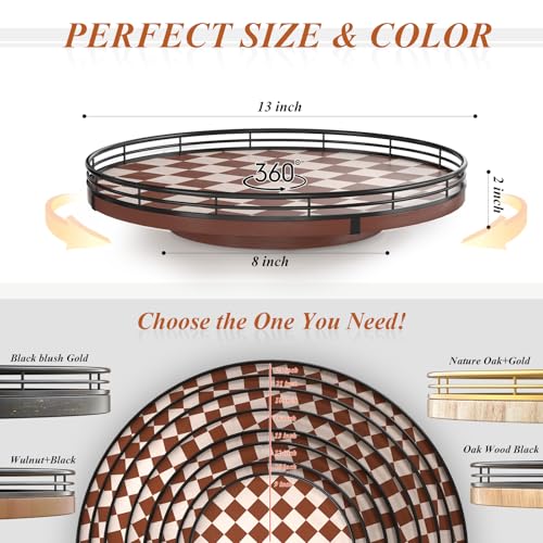 13 Inch Brown White Checkerboard Lazy Susan with Black Metal Rail (Brown & White / 13 inches)
