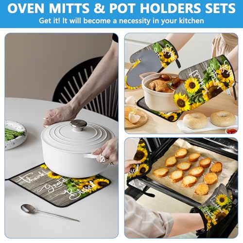 Sunflower Wood Grain Oven Mitts and Pot Holders Sets Heat Resistant 4Pcs Potholders Oven Gloves Hot Pads for Kitchen Baking Cooking Grilling BBQ (Thankful Grateful Blessed)