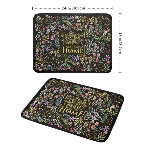 Vintage Microfiber Dish Drying Mat Wildflowers Leaves Absorbent Dry Mat for Kitchen Counter Decor (Vintage Leaves Black / 24" x 18")