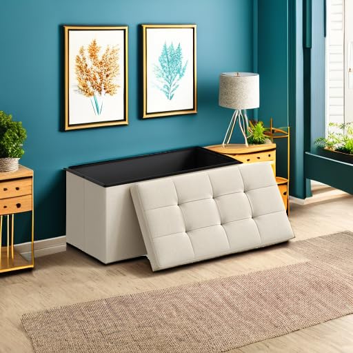 30 Inches Folding Storage Ottoman Bench (Cream White / 15"D x 30"W x 15"H (without Flipping Lid))
