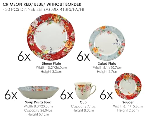 30 Piece Porcelain Dinnerware Set for 6 (30 / Crimson)