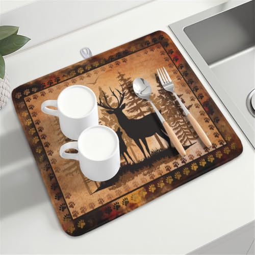 Forest Deer Dish Drying Mat Wildlife Animal Dishes Pad 16"x18" Microfiber Absorbent Fast Dry Drainer Rack Mats for Kitchen Countertop Decor (Forest Deer Brown / 16x18 inch)